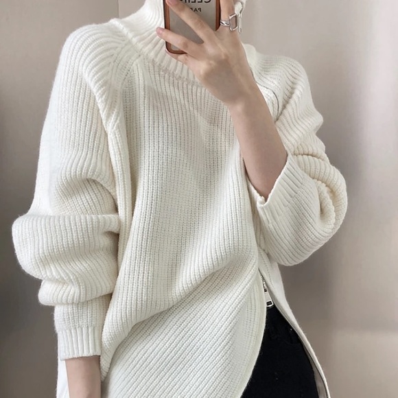 GORGEOUS Chunky Rib Side Zipper Mock Turtleneck Warm Pullover Cream Sweater - Picture 5 of 8